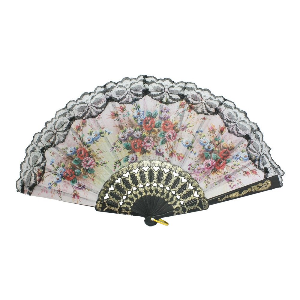 Ruilogod Plastic Ribbed Floral Fabric Folding Hand Fan, Black and Red