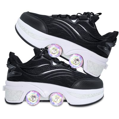 Roller Skate Shoes, 2-in-1 Sneakers with Wheels, Adjustable, Women's/Girls' (37, Black/White)