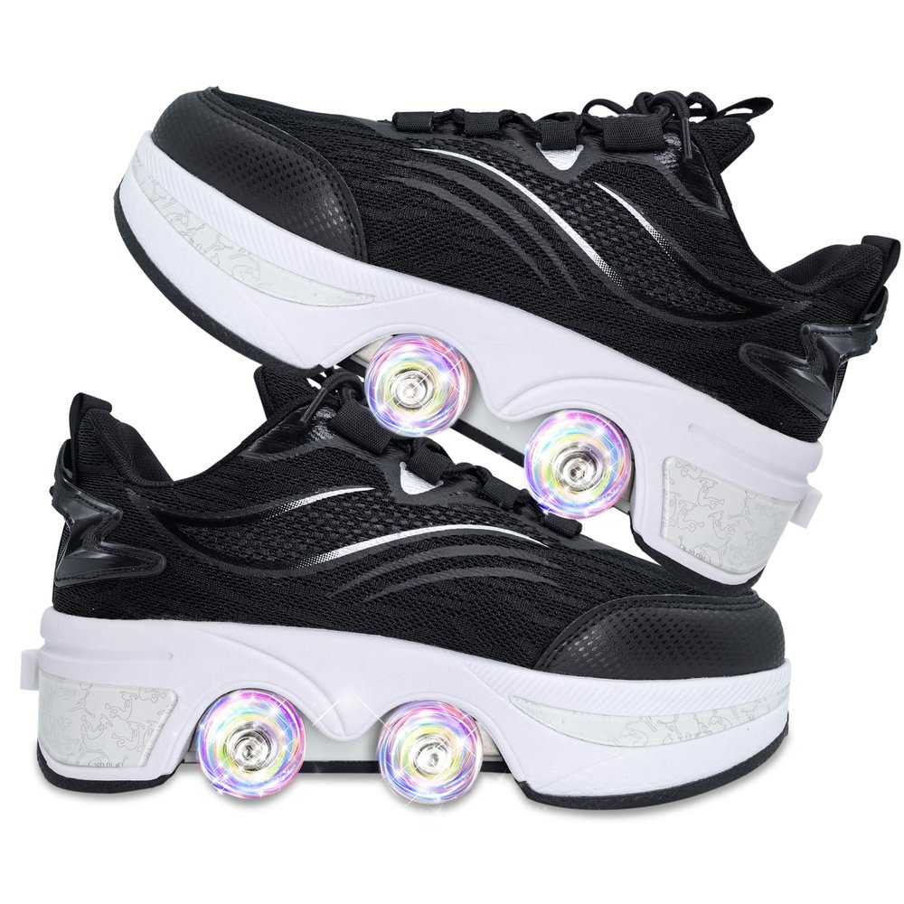 Roller Skate Shoes, 2-in-1 Sneakers with Wheels, Adjustable, Women's/Girls' (37, Black/White)