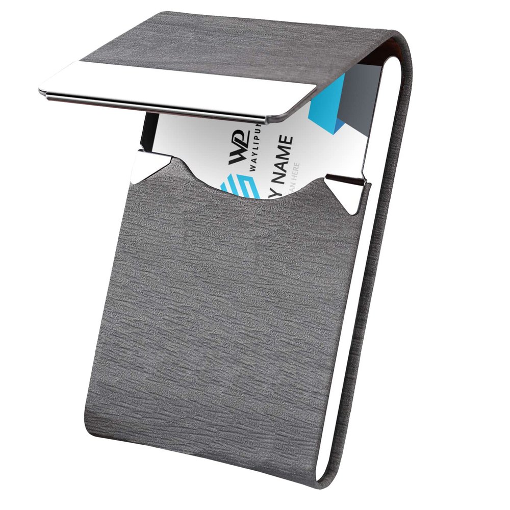 Waylipun Business Card Holder, Stainless Steel and PU Leather, Gray