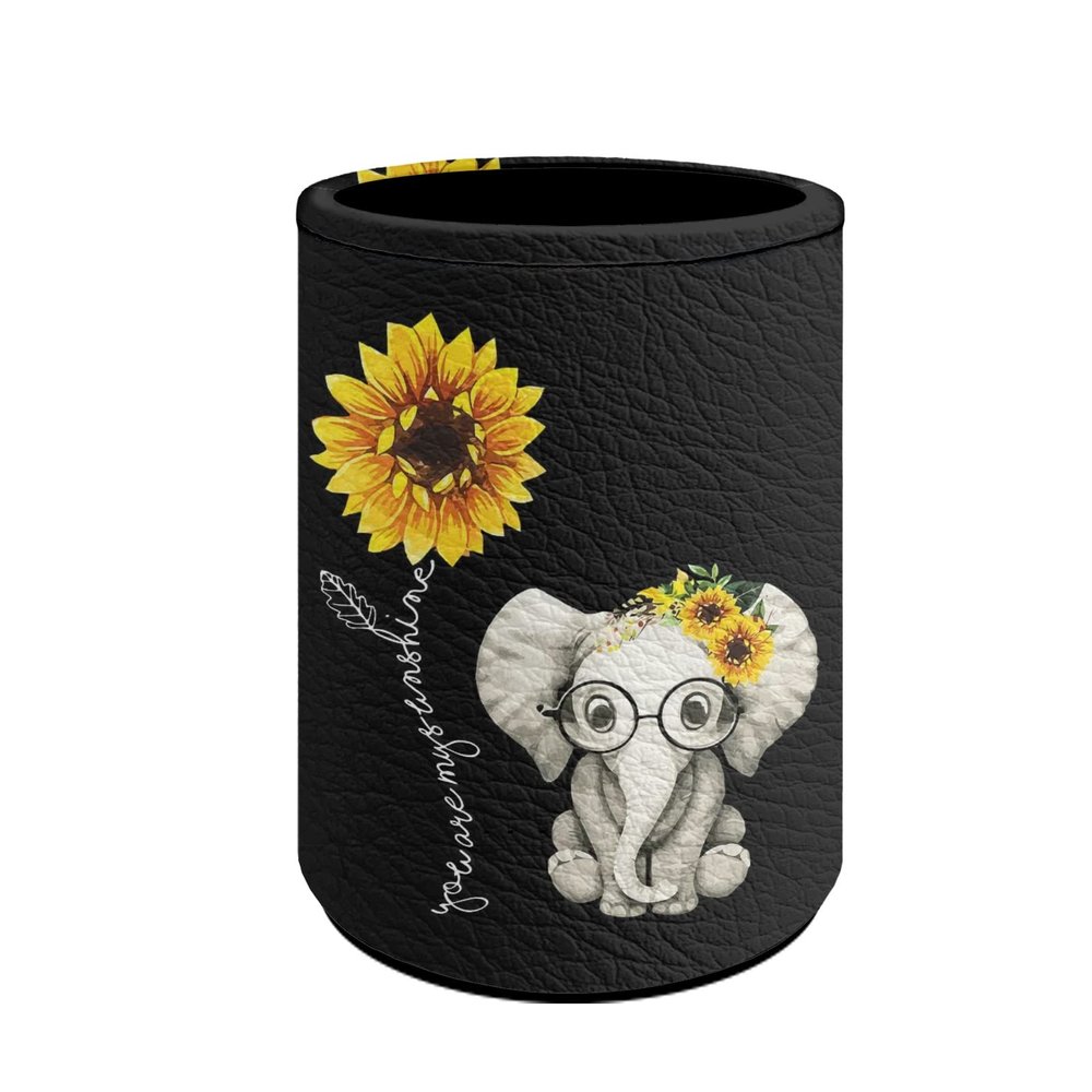 HELLHERO PU Leather Sunflower Elephant Pencil Holder