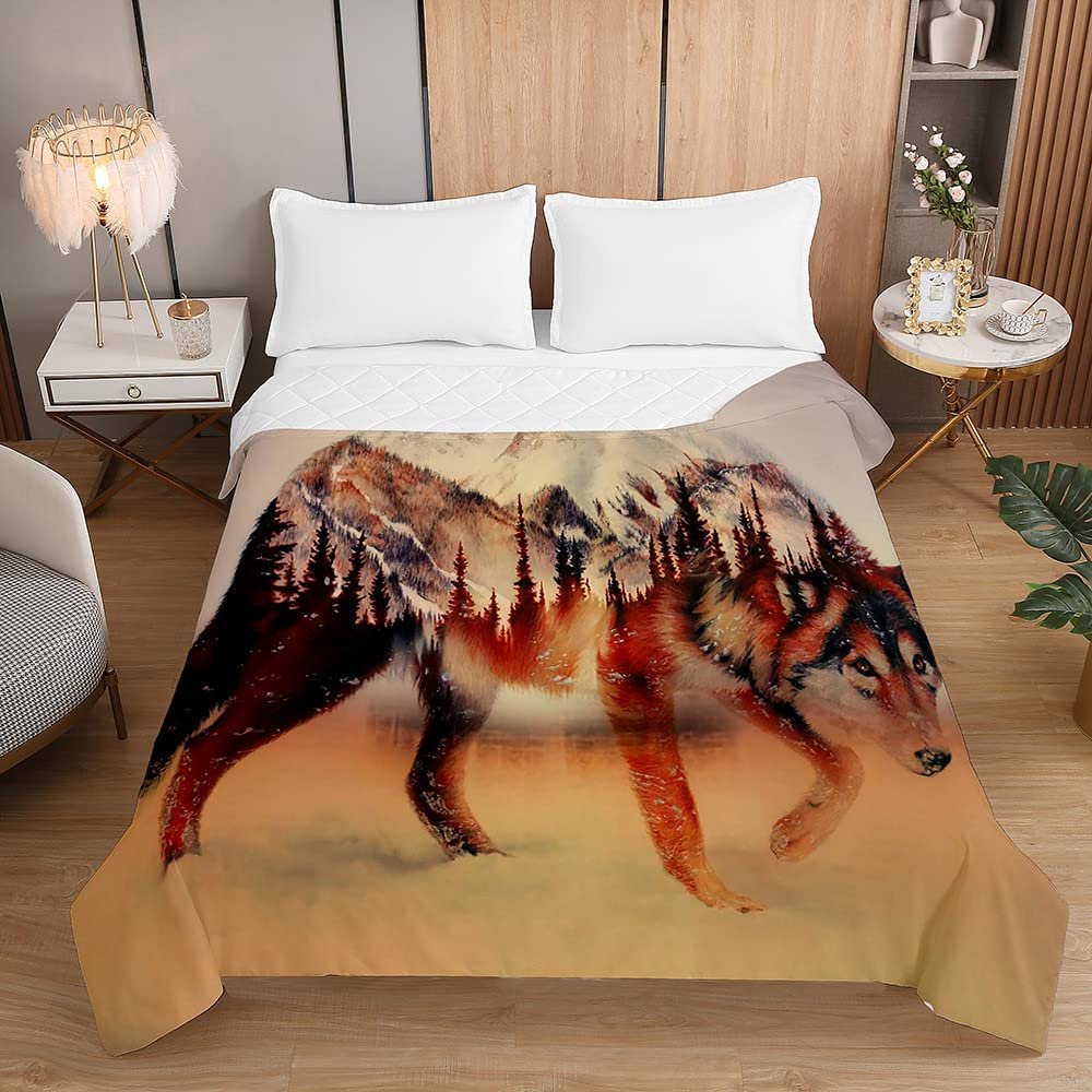Odot 3D Wolf Pattern Quilted Bedspread, Khaki Wolf, 230 x 260 cm