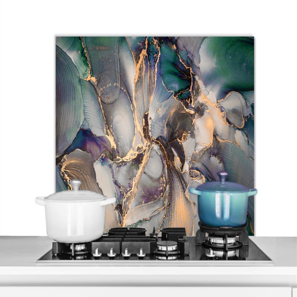 MuchoWow Kitchen Backsplash Aluminum Poster, 90 x 60 cm, Gold - Blue - Marble