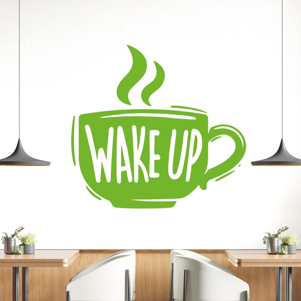 Wall Decal "Wake Up," Coffee Cup, Lime Green