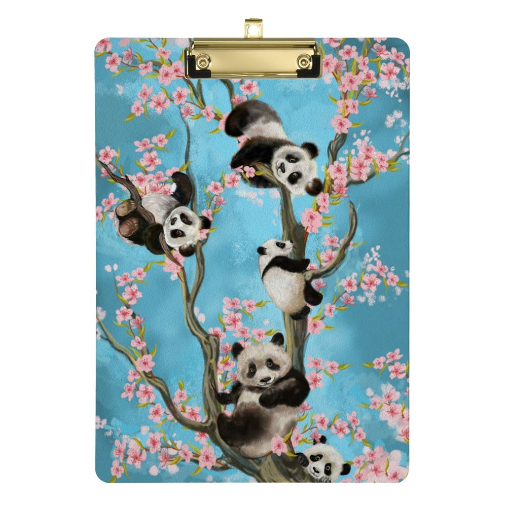 Cute Panda Cherry Blossom Acrylic Clipboard, A4, 22.9 x 31.8 cm, with Low-Profile Metal Clip