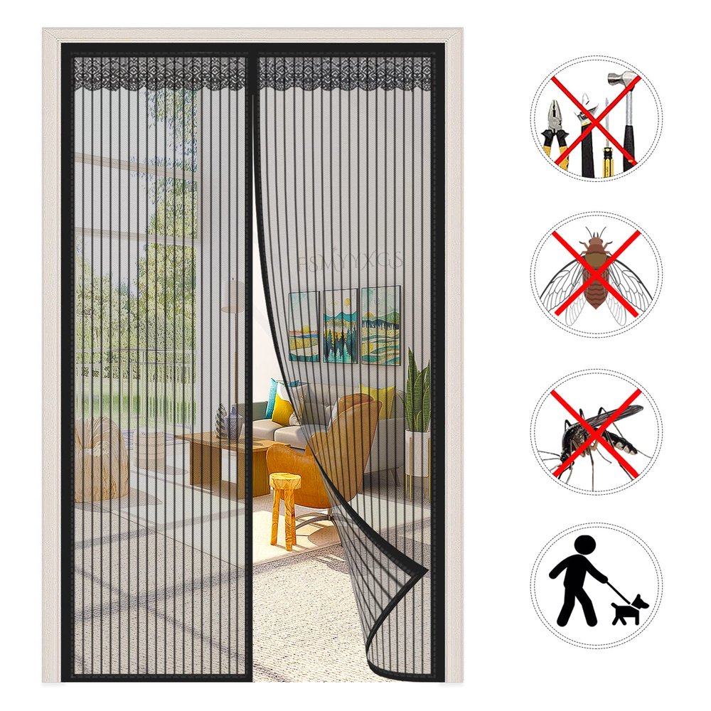 Magnetic Screen Door, Self-Closing Insect Curtain, No Drilling, for Balcony and Patio, Black, 70 x 195 cm (27 x 76 in)