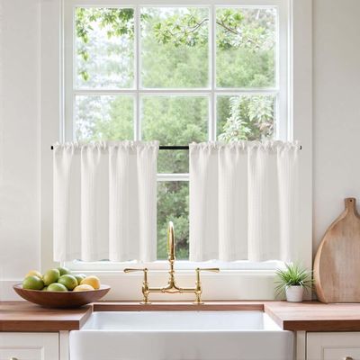 Vangao Waffle Café Curtains for Kitchen, 2-Piece Set, 90 W x 60 H cm, White