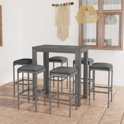 Gecheer 7-Piece Garden Bar Set with Cushions, Gray Poly Rattan, 6 Chairs + 1 Dining Table
