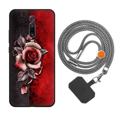 Vingarshern Case Compatible with Redmi K20 Pro, Silicone Case with Red Rose Pattern and Adjustable Lanyard