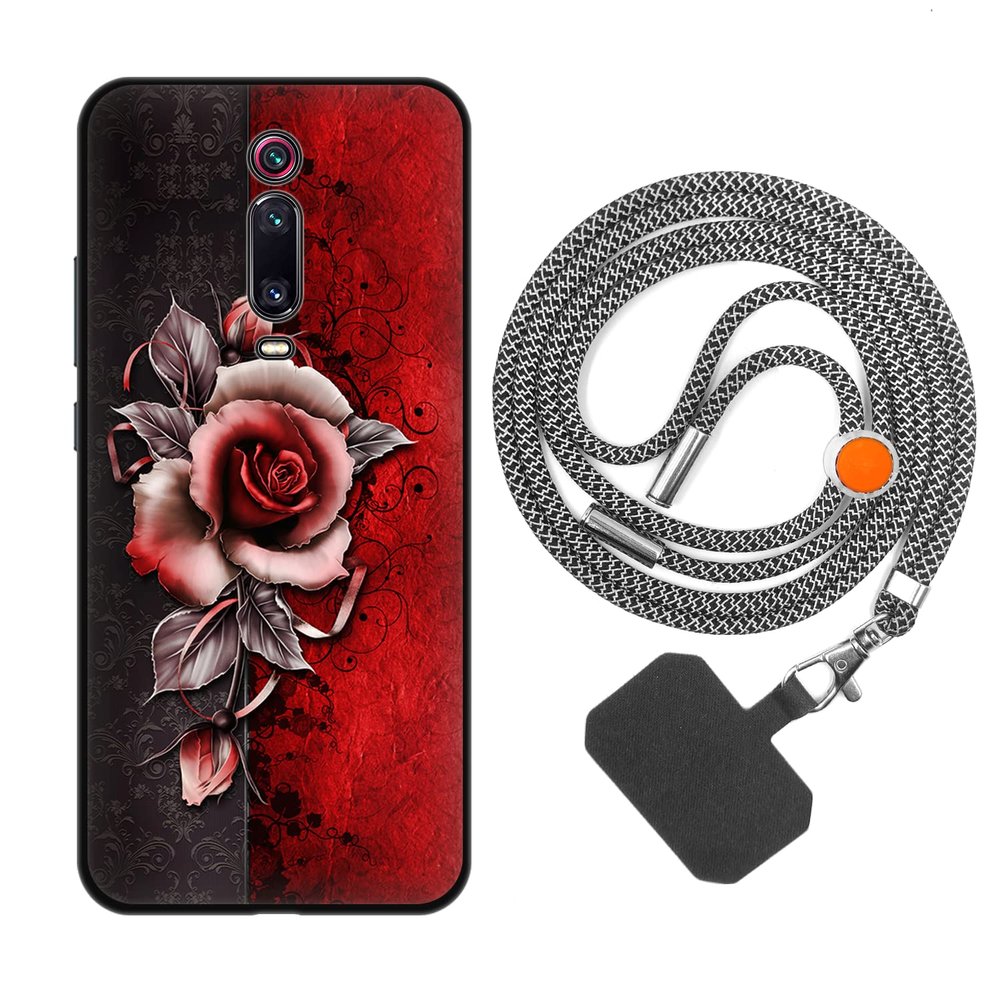 Vingarshern Case Compatible with Redmi K20 Pro, Silicone Case with Red Rose Pattern and Adjustable Lanyard