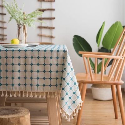 GHKL Japanese-Style Cotton-Linen Tablecloth, Blue Stripes and Plaid, Embroidered, Rectangular