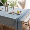 Japanese-Style Cotton-Linen Tablecloth with Blue Stripes and Plaid Embroidery view 2