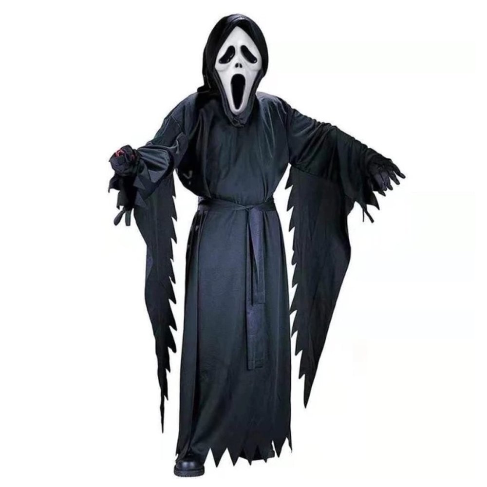 eBoutik Adult Halloween Horror Movie Costume Set with Scary Mask and Black Hooded Robe