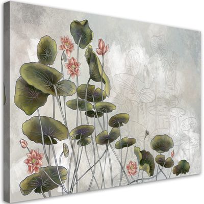 Feeby 1-Piece Wall Decor 60 x 40 cm, Lotus Flower Leaves Canvas Print, Green Concrete Texture
