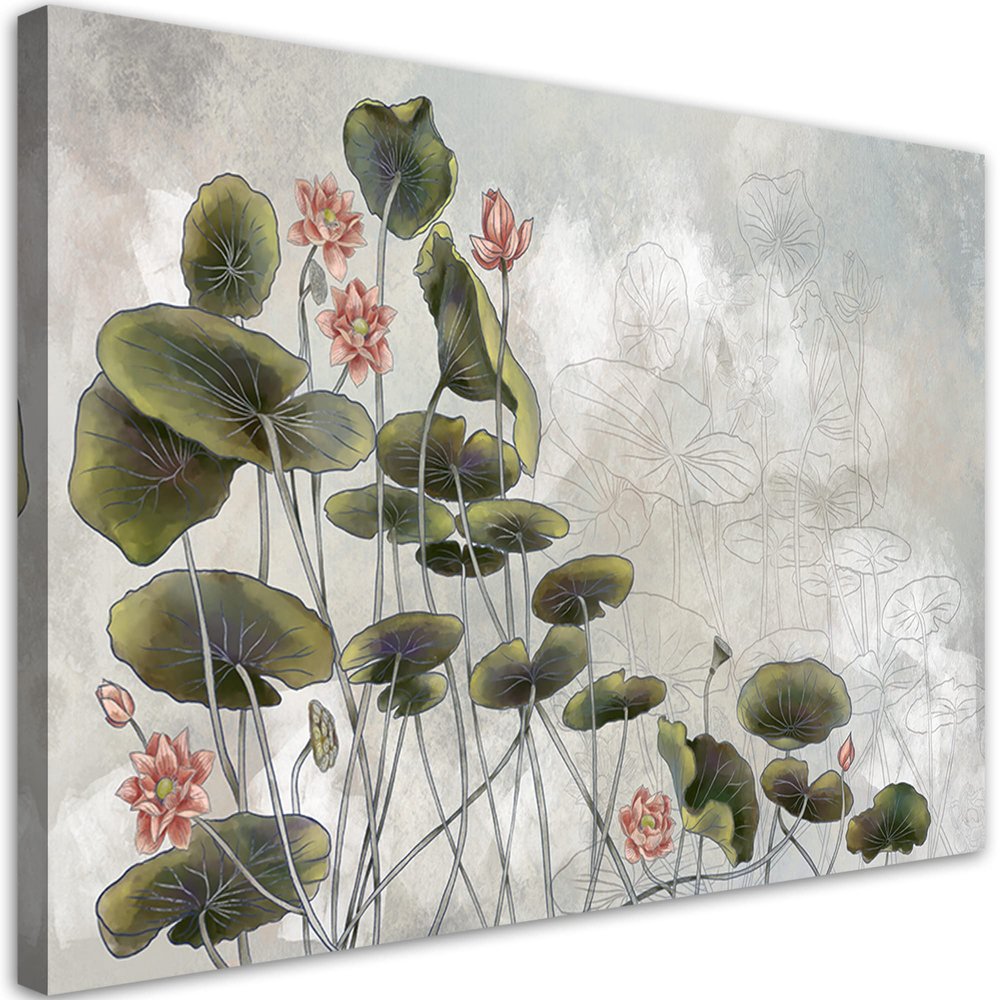 Feeby 1-Piece Wall Decor 60 x 40 cm, Lotus Flower Leaves Canvas Print, Green Concrete Texture