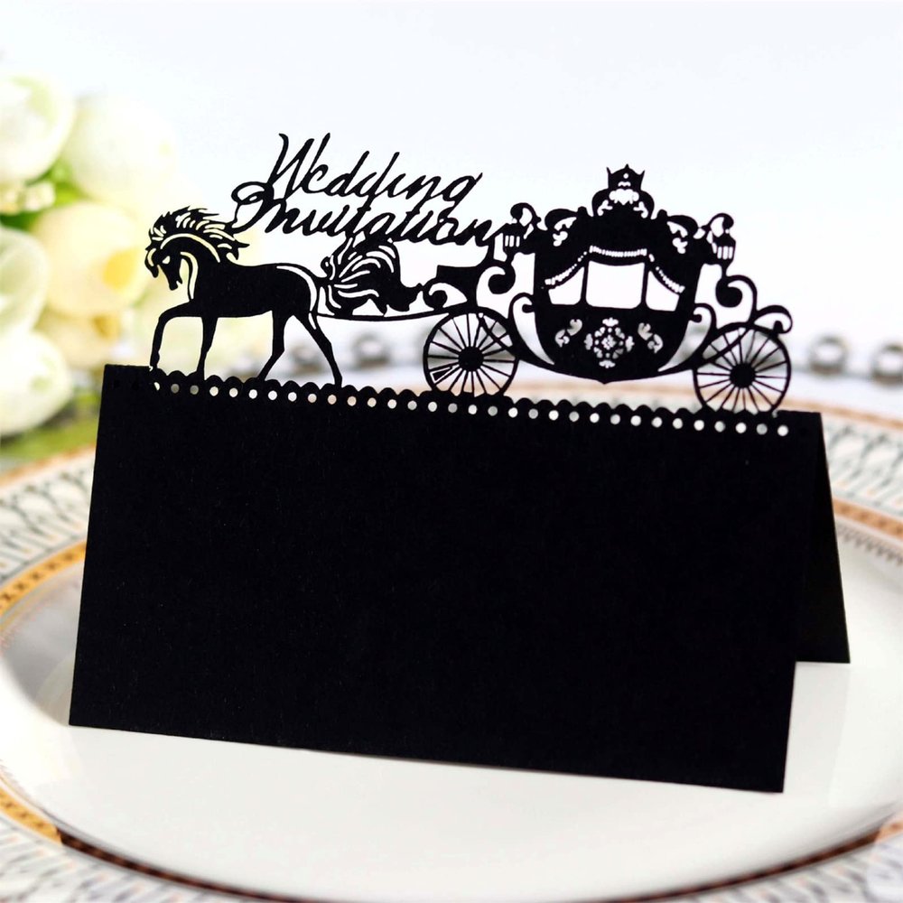 TROYSINC 100-Piece Wedding Place Cards, Royal Carriage Pattern, Black