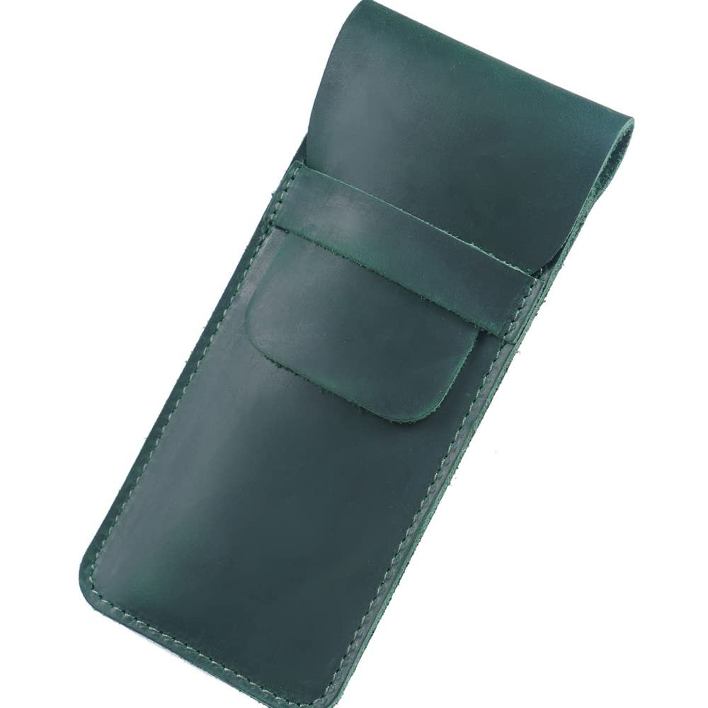Leather Pencil Case Holder, Handmade Pen Pouch, Crazy Horse Pen Protective Cover, Green (L)