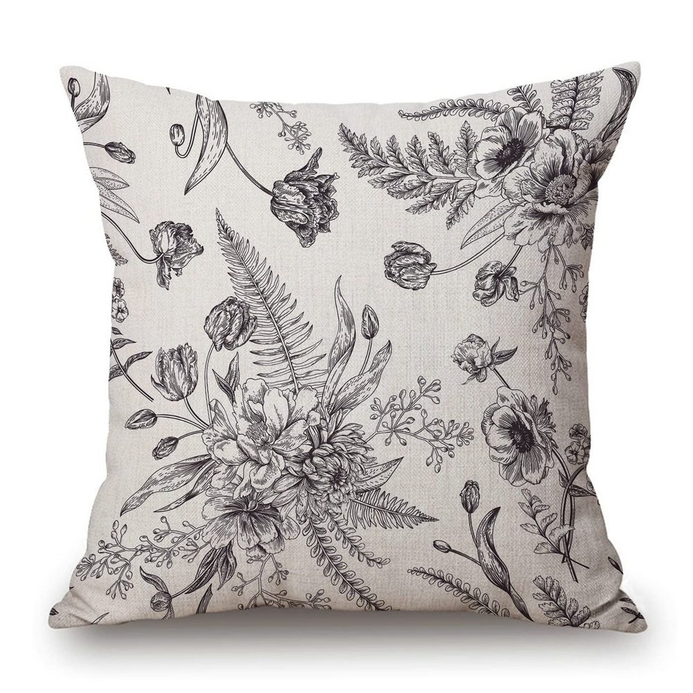 Solekla Floral Pillow Cover, Spring Flower Bouquet Design, Cotton-Linen, 18 x 18 in, Black and White