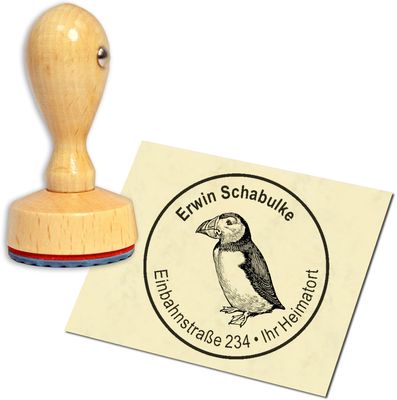 Personalized Round Wooden Address Stamp – Puffin, 40 mm