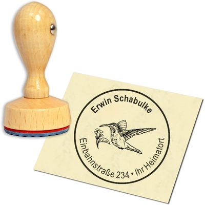 Personalized Round Wooden Address Stamp, 40 mm – Hummingbird
