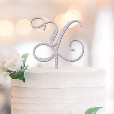Monogram Cake Topper, Letter Y, Personalized Initial, Floral Glitter Silver