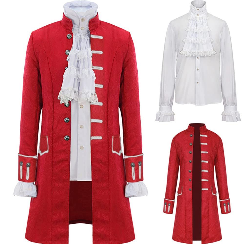Jilijia Men's Steampunk Renaissance Uniform Set, Victorian Edwardian Trench Coat Costume, Red, XXXXL