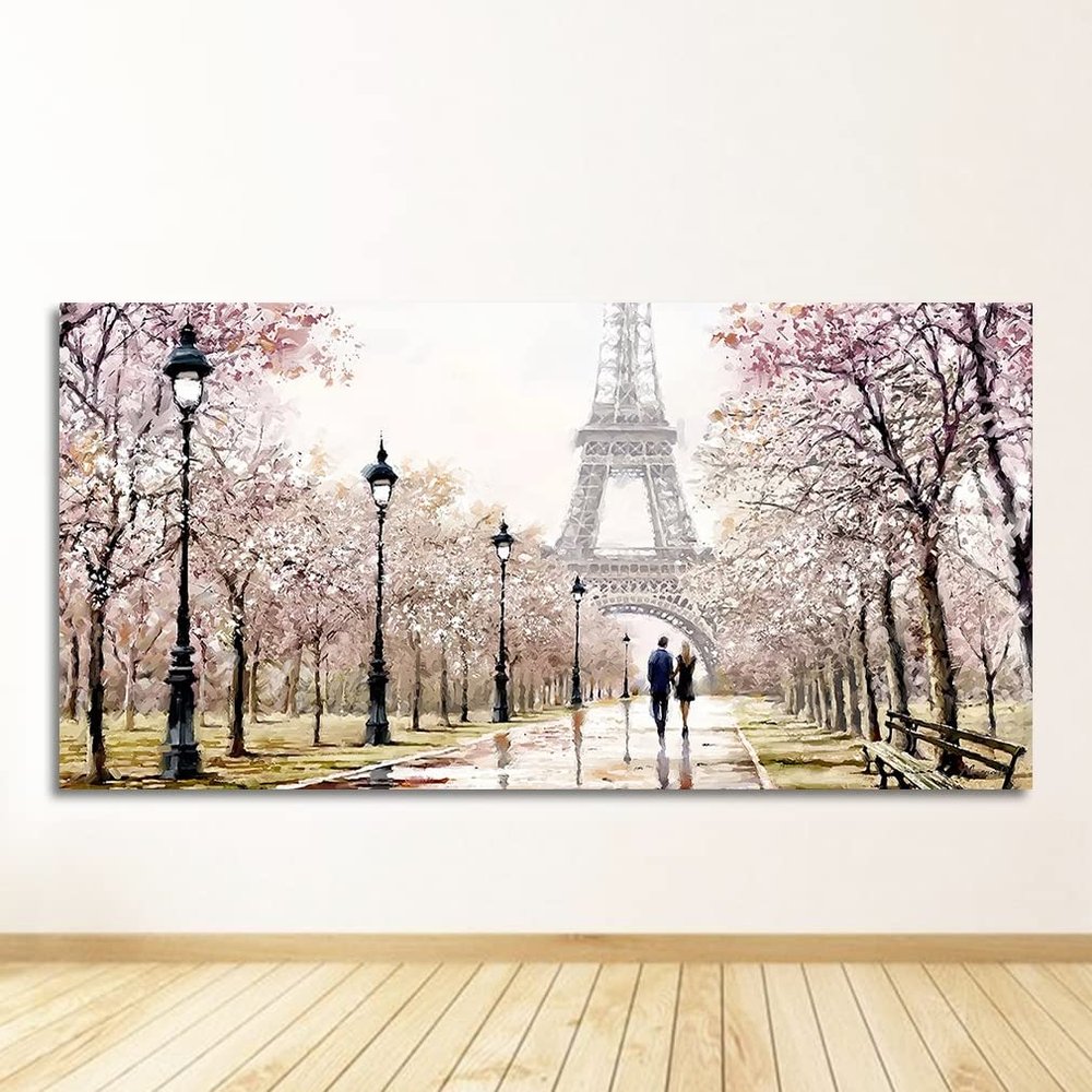 Tower Landscape Abstract Canvas Poster Print Wall Art for Living Room, Romantic Paris City Couple with Eiffel Tower (Color: 1937-01, Size: 60 x 120 cm, No Frame)