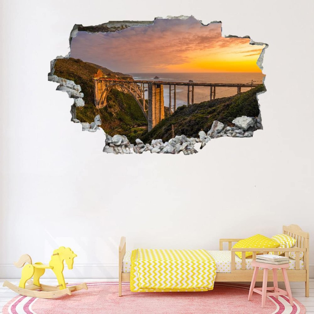 3D Wall Breakthrough Bridge Wall Sticker with Sunrise Landscape
