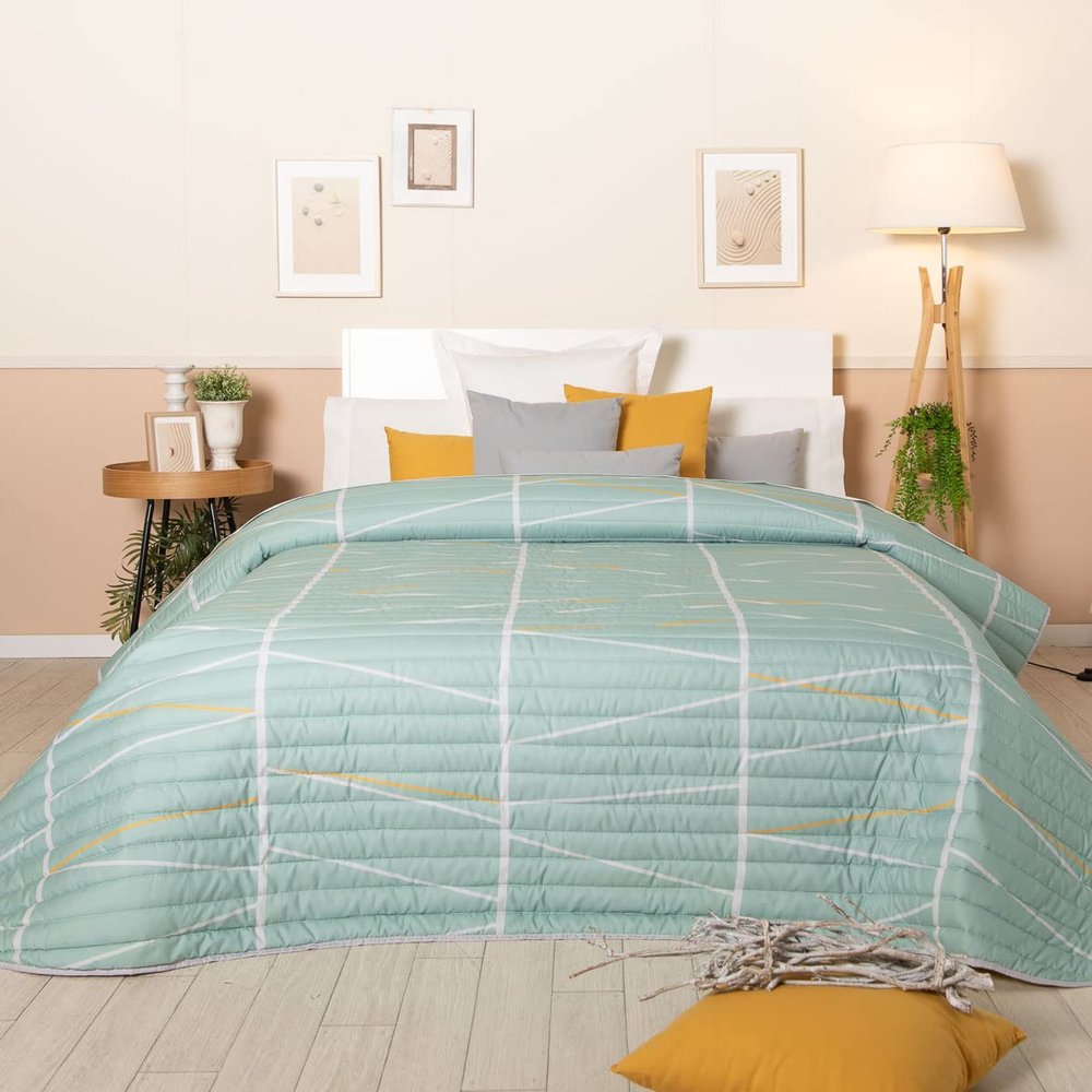 Sancarlos Reversible Bedspread for 180 cm Wide Beds, Mint Green and Mustard Yellow