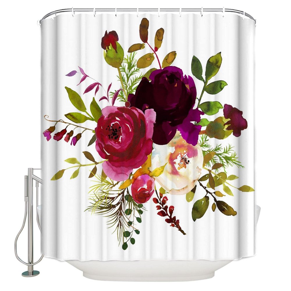 Xiangpeifbh Floral Watercolor Shower Curtain with 12 Hooks, Waterproof Polyester, 200 x 180 cm