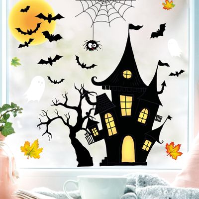 Halloween Haunted House Window Clings with Spider Web, Bats and Ghosts, A4 Sheet