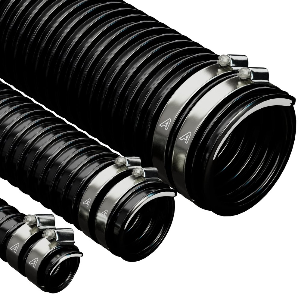 Flexible Corrugated PVC Pond Hose, 38 mm x 3 m, with 2 Pipe Clamps, Black