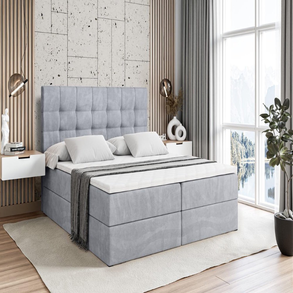 ALTDECOR BERO Box Spring Bed with H4 Mattress, 180 x 200 cm, Gray