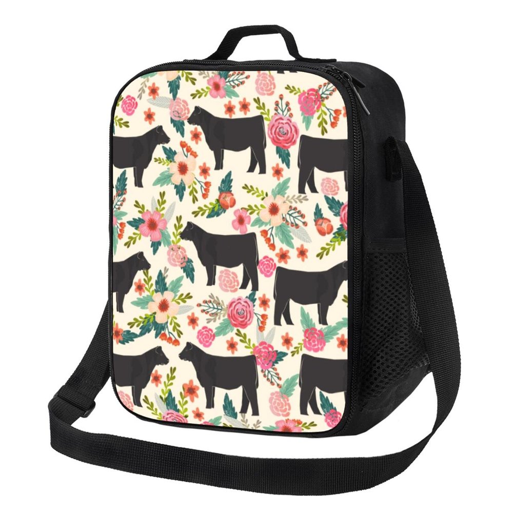 Pink Flower Show Steer Cows Cattle Printed Insulated Lunch Tote