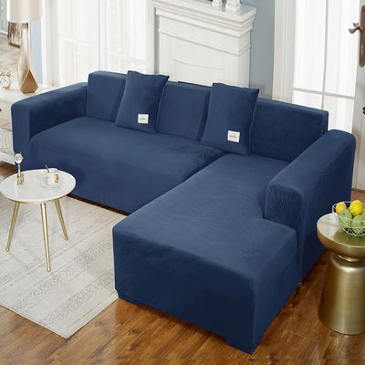 GUYIRT Super-Stretch Velvet Sofa Cover for L-Shaped Modular Sofas, Blue, 3+2 Seater