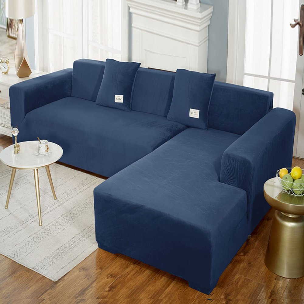 GUYIRT Super-Stretch Velvet Sofa Cover for L-Shaped Modular Sofas, Blue, 3+2 Seater