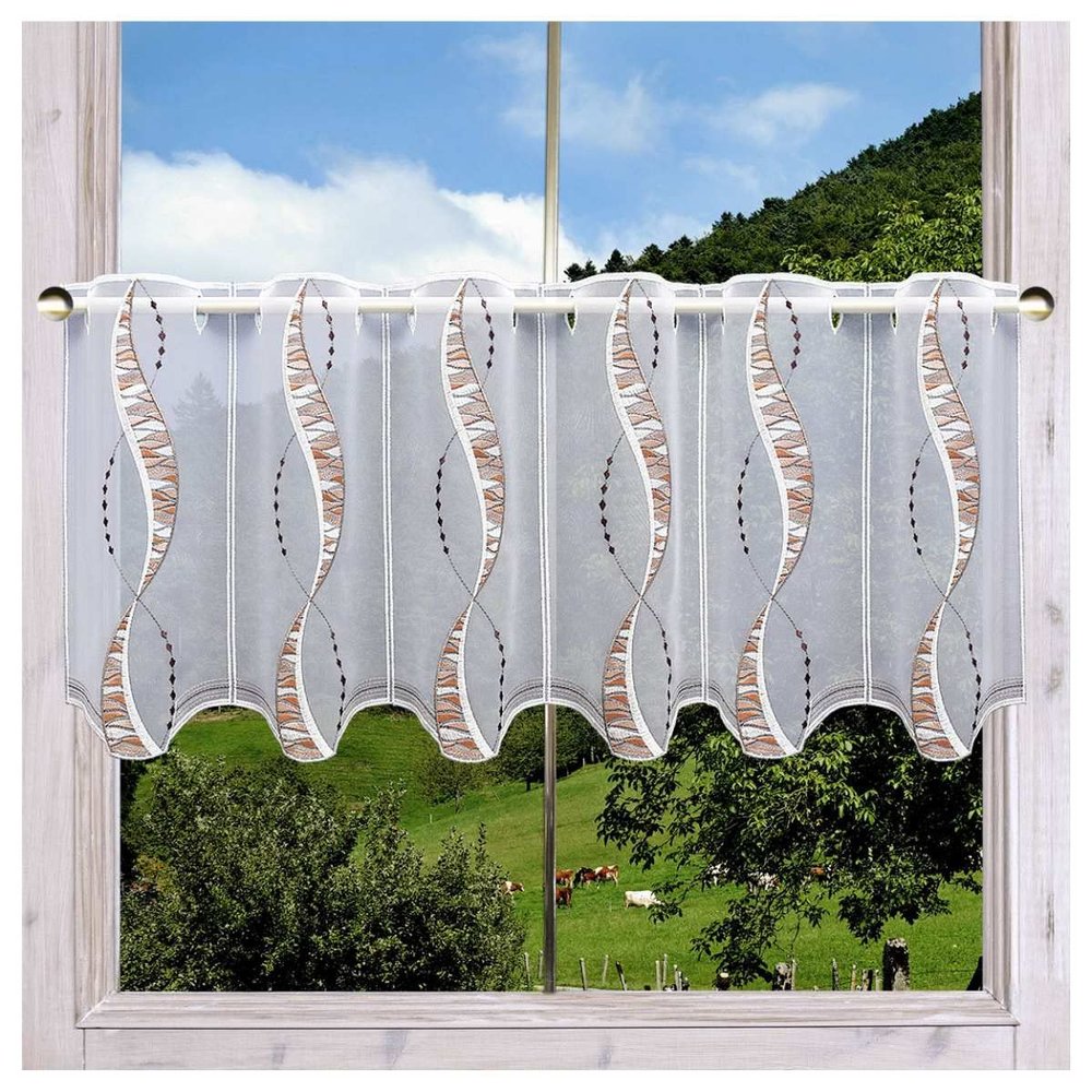 DSD Design-Studio Drechsler Devina Brown Café Curtain with Effect-Band Embroidery, Plauen Lace, 35 x 112 cm