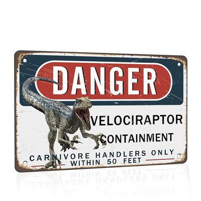Danger Velociraptor Containment Metal Sign, 12 x 8 in