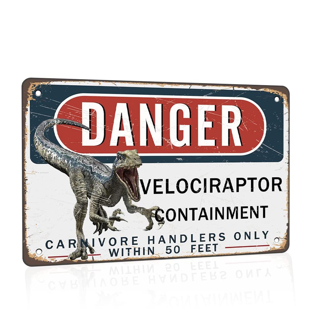 Danger Velociraptor Containment Metal Sign, 12 x 8 in