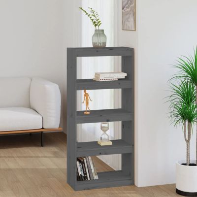 Gecheer Room Divider Bookshelf, 4 Compartments, Solid Pine, Gray, 60 x 30 x 135.5 cm