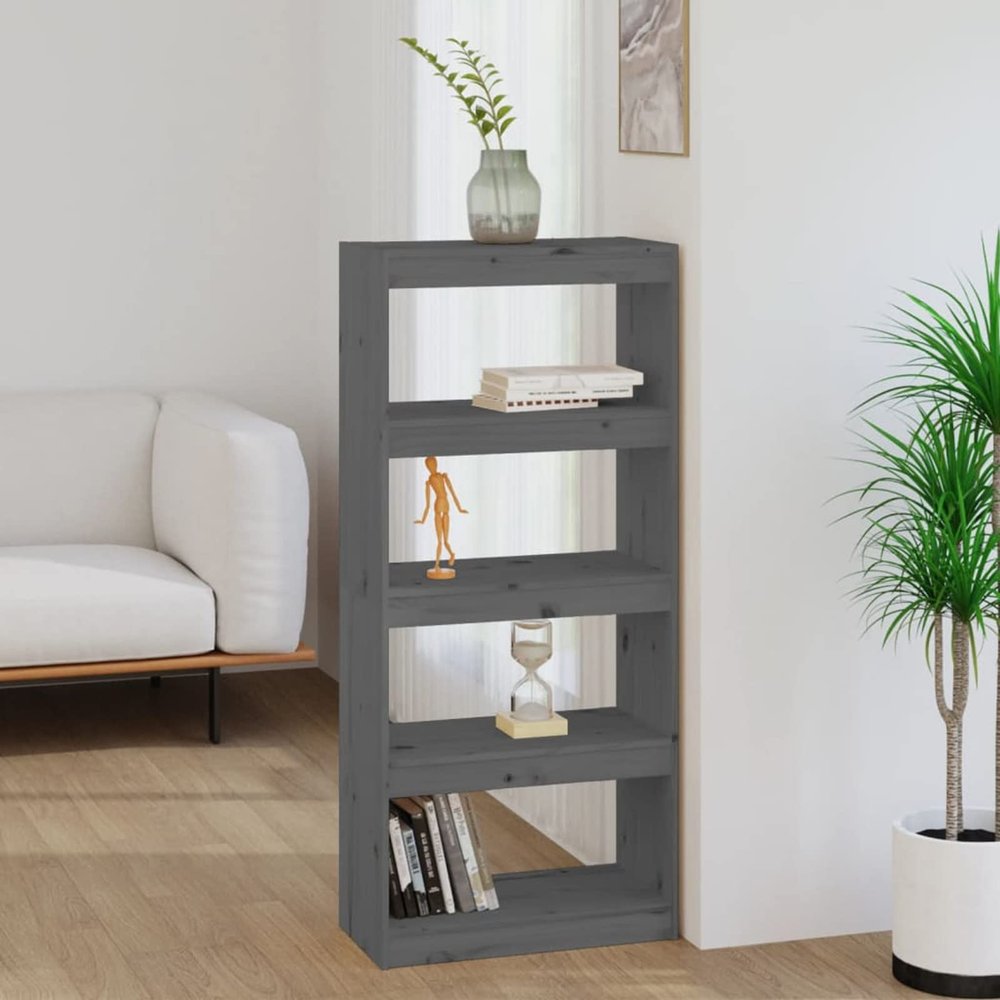 Gecheer Room Divider Bookshelf, 4 Compartments, Solid Pine, Gray, 60 x 30 x 135.5 cm