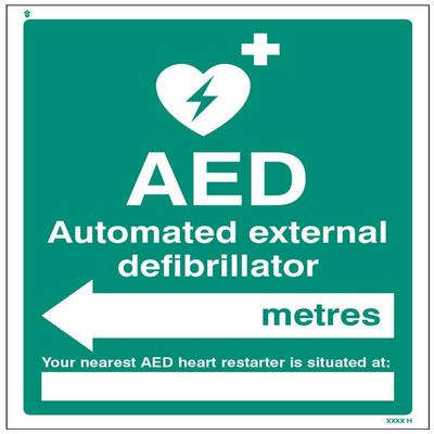 AED XXX Meters Away – Left Arrow (Semi-Rigid PVC Safety Sign)