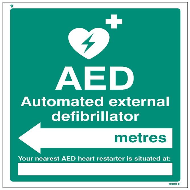 AED XXX Meters Away – Left Arrow (Semi-Rigid PVC Safety Sign)