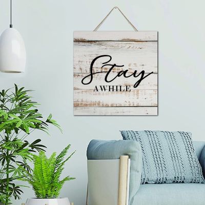NABRAND Personalized Vintage Wood Sign “Stays Awhil,” 30 x 30 cm, Inspirational Wall Decor