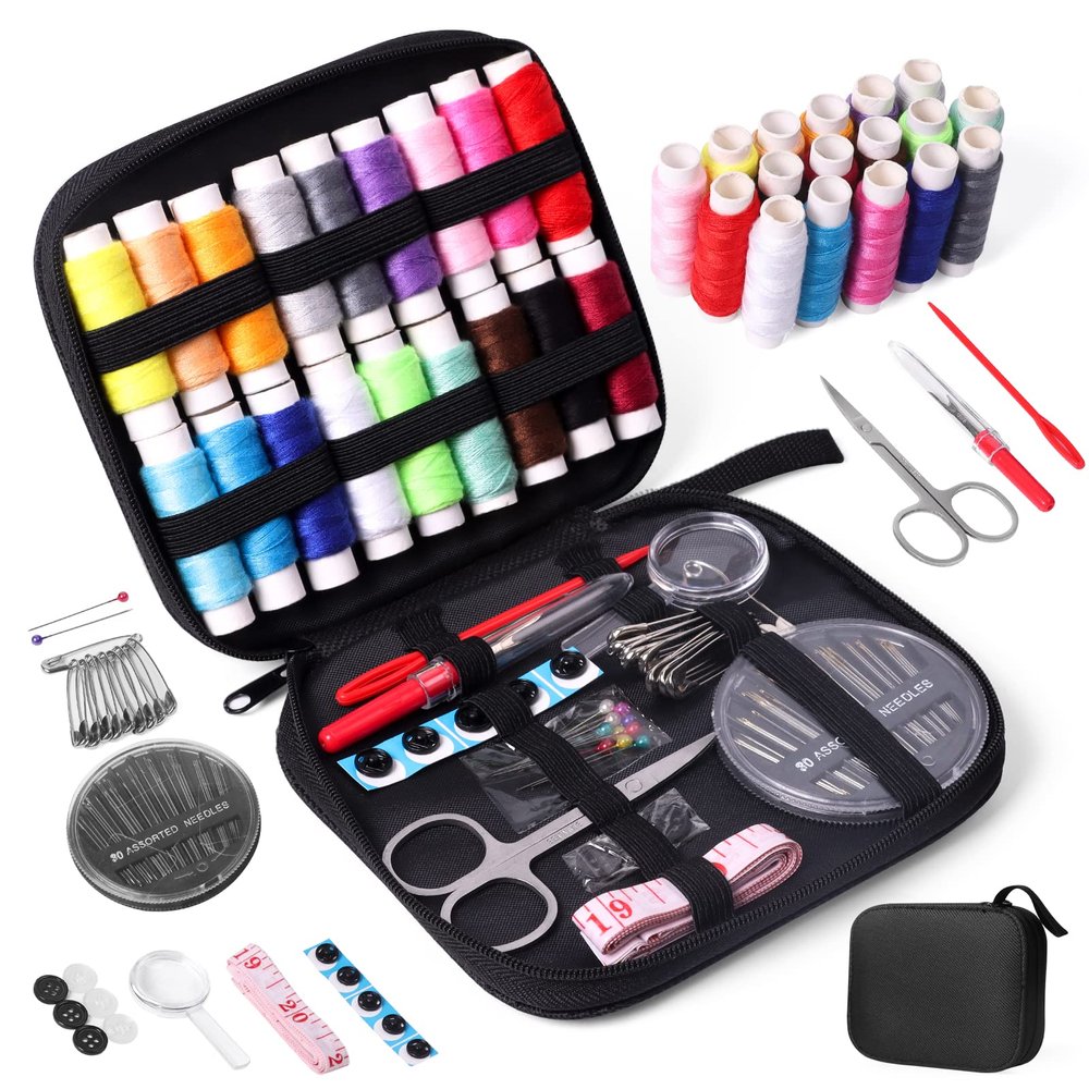 JUNING Sewing Kit with Accessories, Bobbins and Thread, Premium Large-Format Sewing Set, Complete Kit for Beginners and Travelers, S, Black