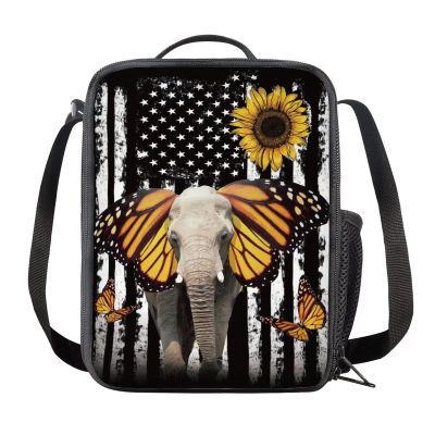 SEANATIVE Butterfly Elephant Print Lunchbox for Girls and Kids, American Flag Design Neoprene Lunch Tote Bag