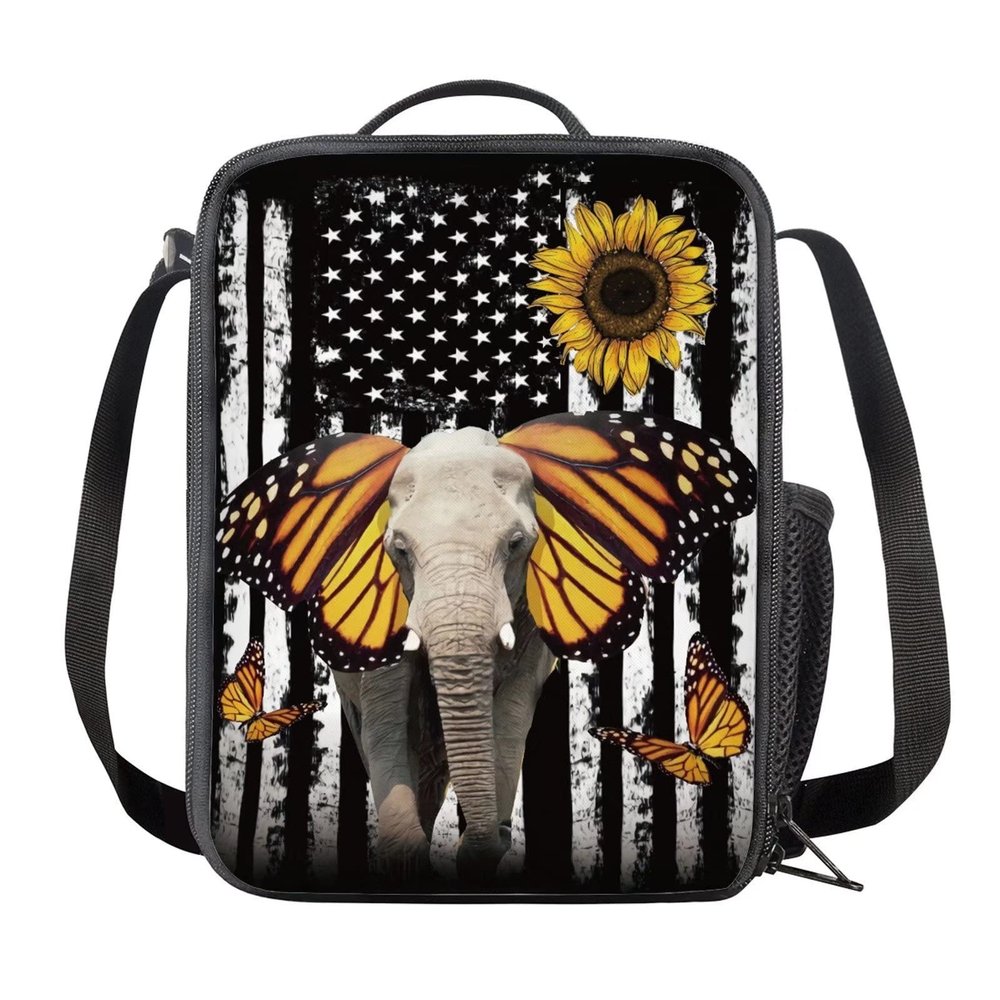 SEANATIVE Butterfly Elephant Print Lunchbox for Girls and Kids, American Flag Design Neoprene Lunch Tote Bag