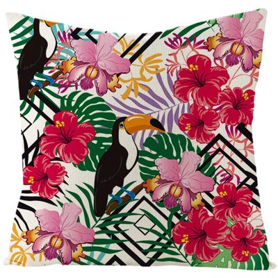 EHOMERY Pillow Covers for Garden & Lounge Furniture, Floral and Toucan Design, Linen Decorative Cushion Covers, Red/Pink/Green, 20 x 20 Inches