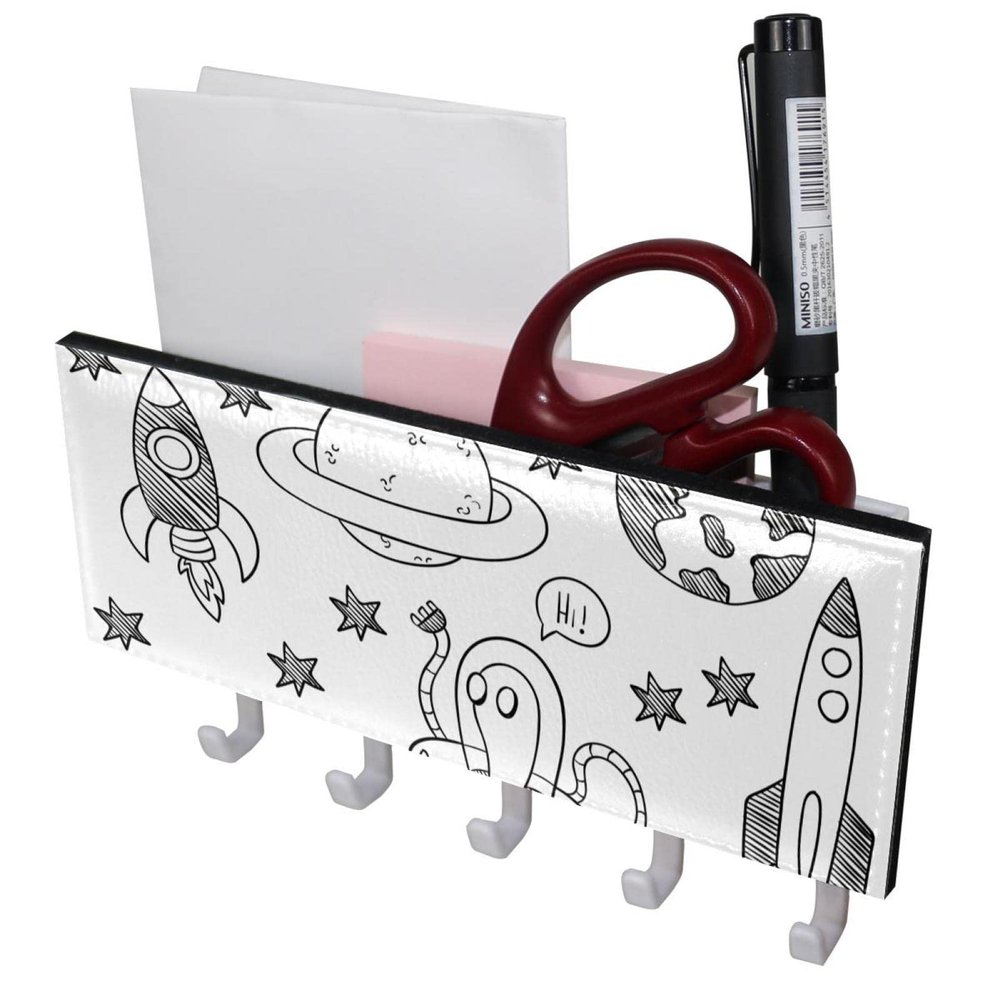 Hand-Drawn Space Elements Key Holder and Wall Mail Holder with 5 Hooks