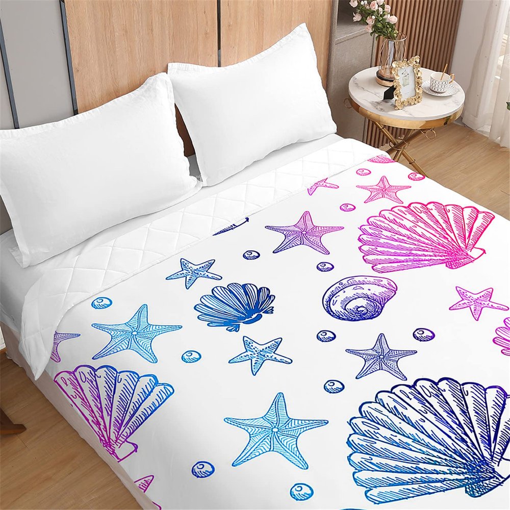 Odot 3D Ocean Print Quilted Bedspread, Blue Pink Shells, 180 x 220 cm